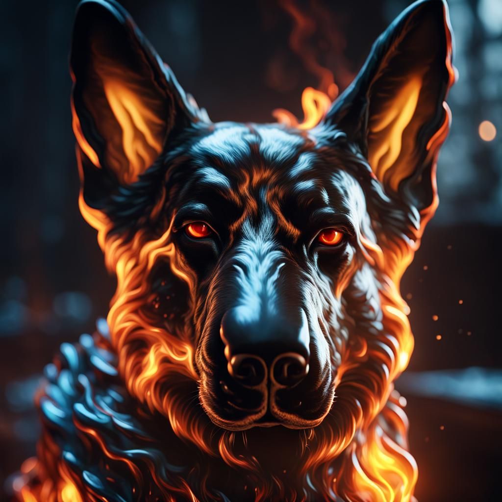 Glowing German Shepherd Glass Statue with Fire