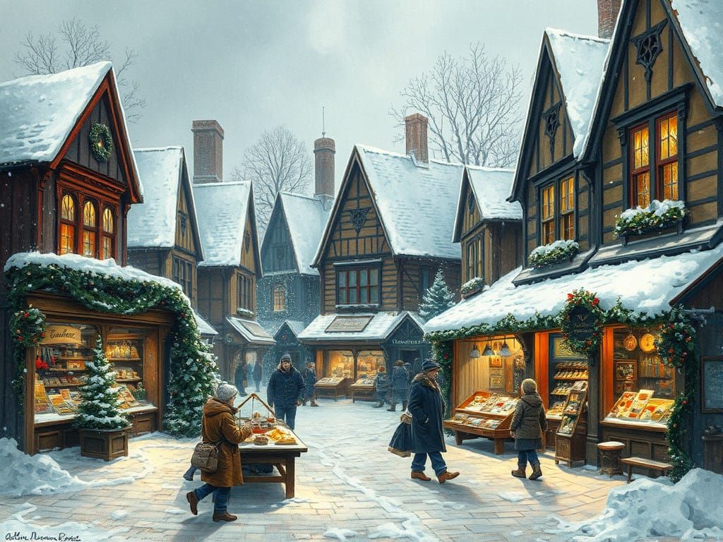 Victorian Christmas Market in Snowy Village