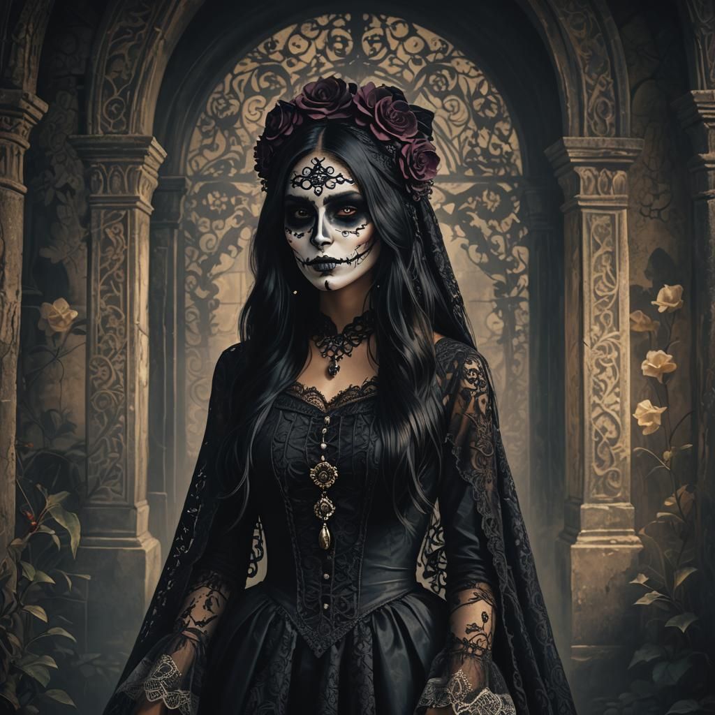 Mysterious Catrina Portrait in Gothic Oil Painting Style