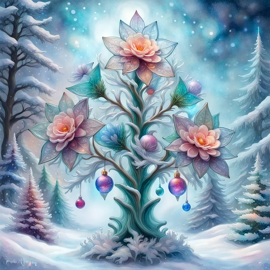 Glass Flowers in a Christmas tree in the snow