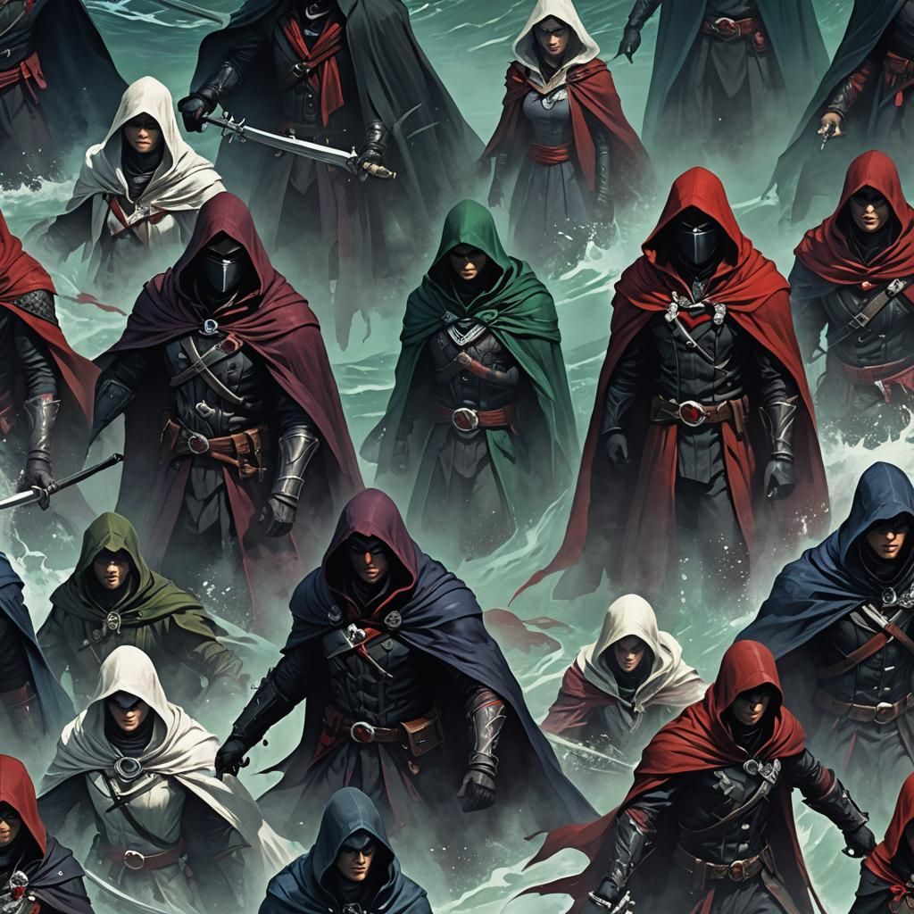 Five Assassins in Cloaks, Detailed Matte Painting