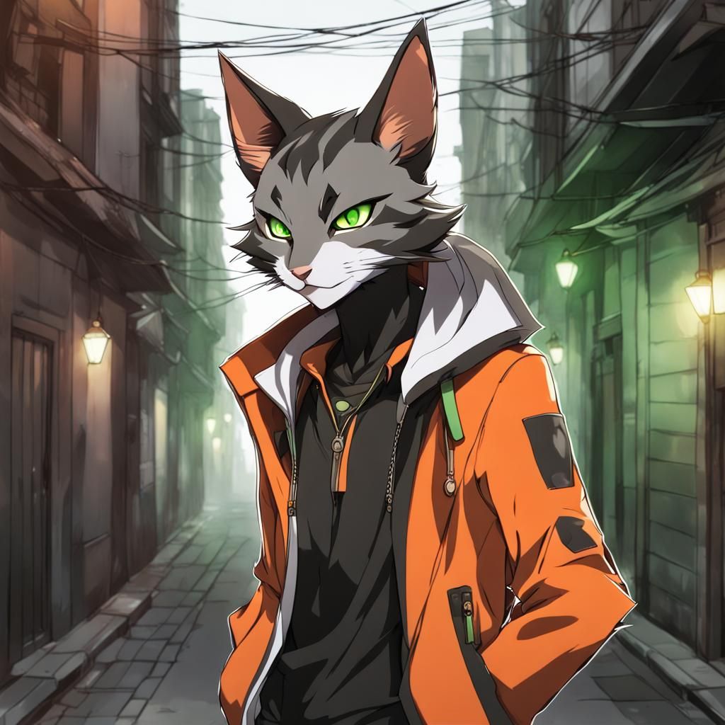 Anime Tabaxi in Neon Jacket in Dark Alleyway
