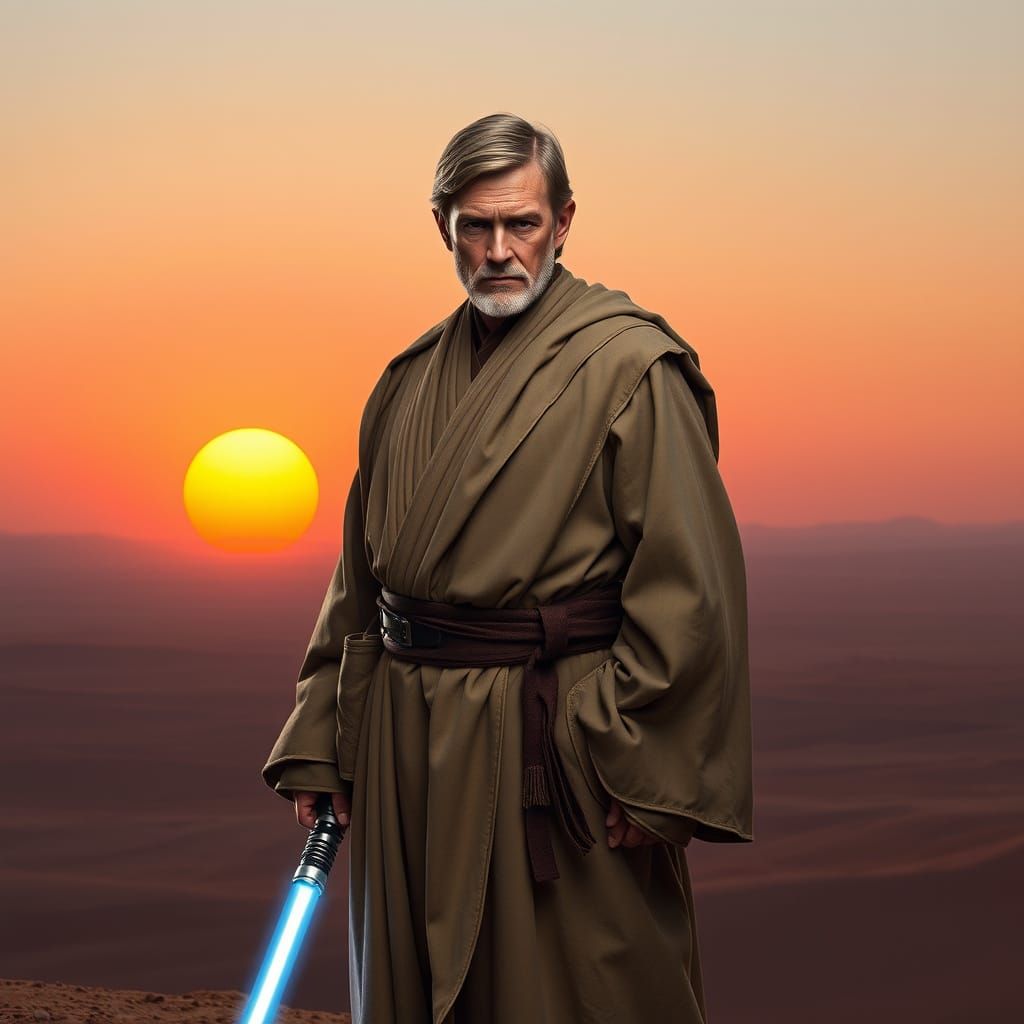 Elegant Jedi Master Obi-Wan Kenobi in Earth-Toned Robe on Ta...