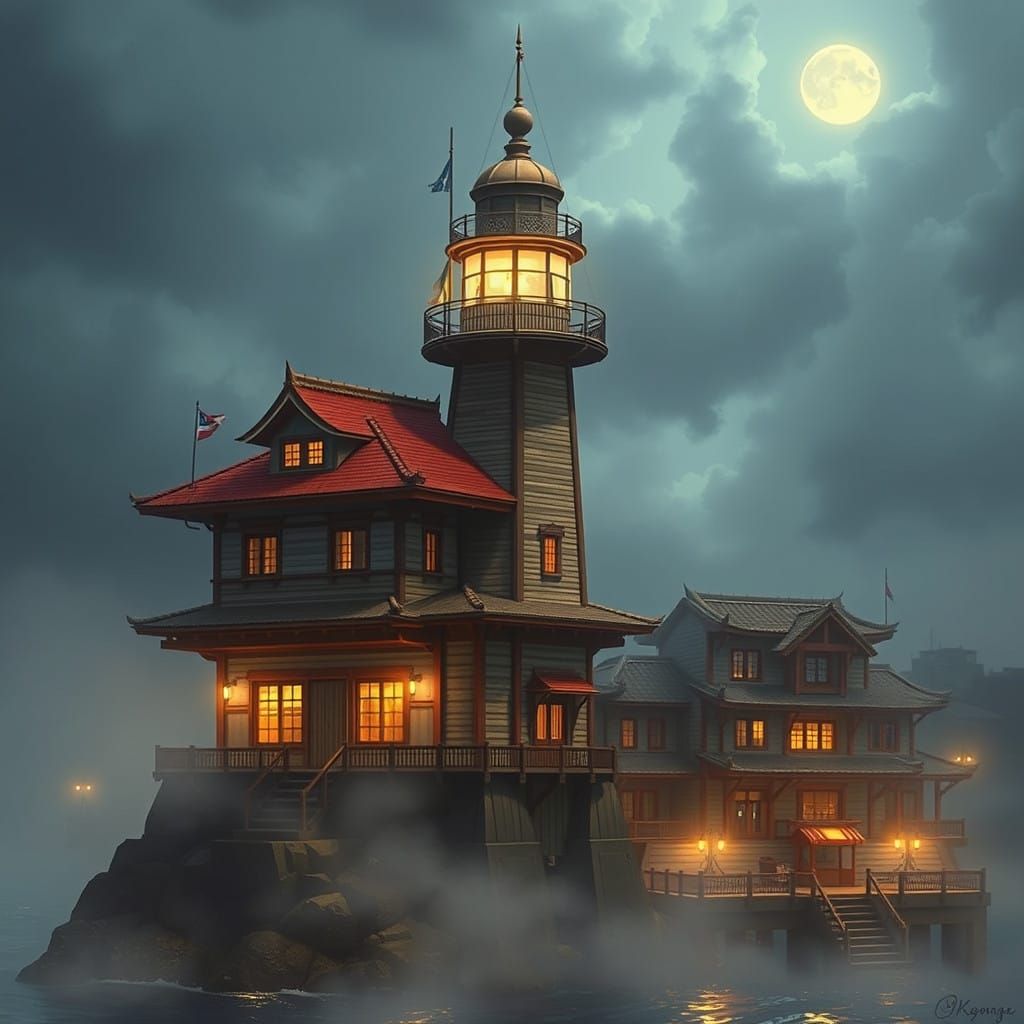 Cozy Lighthouse Amidst Whimsical Fantasy