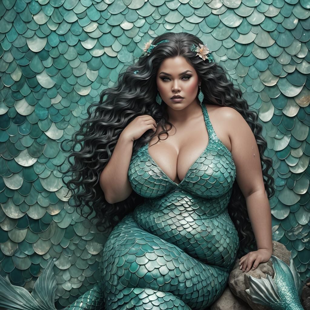 Aqua Scaled Mermaid in Sensual Pose