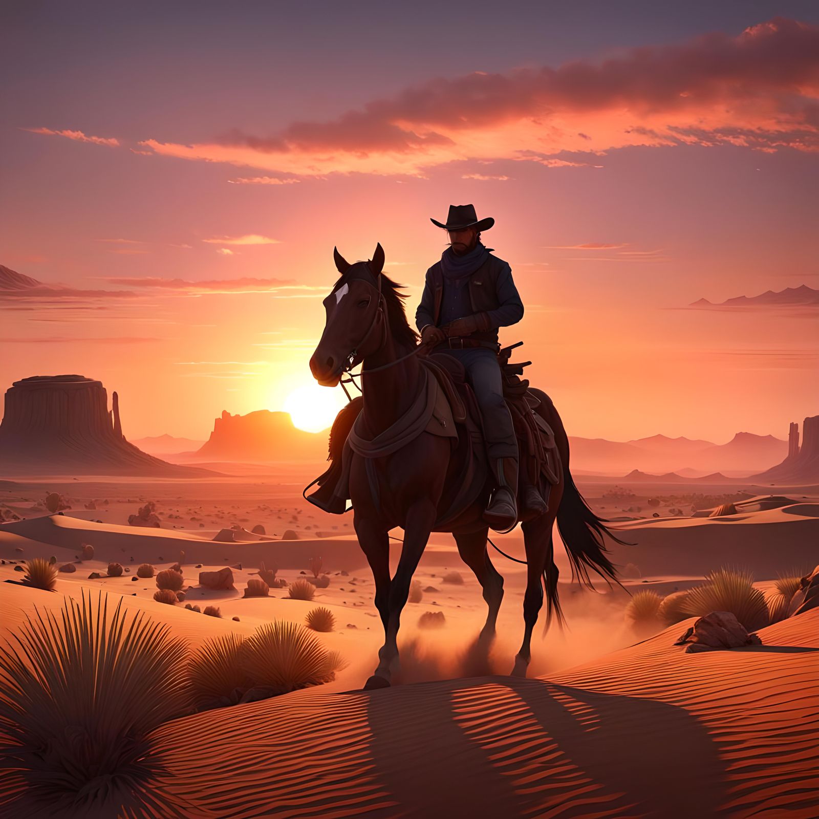 Cowboy Rides into the Desert Sunset: 3D Anime Art