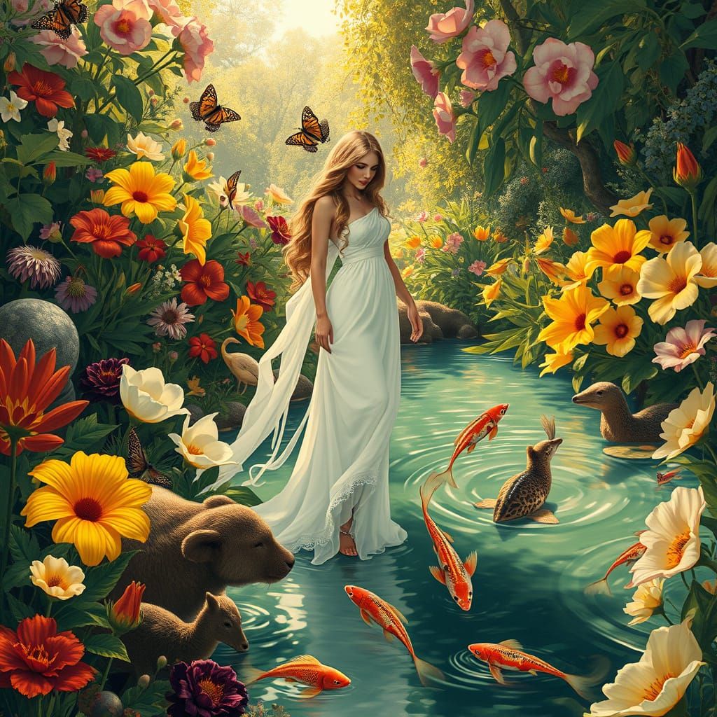 Eve in Garden of Eden, Alphonse Mucha Style