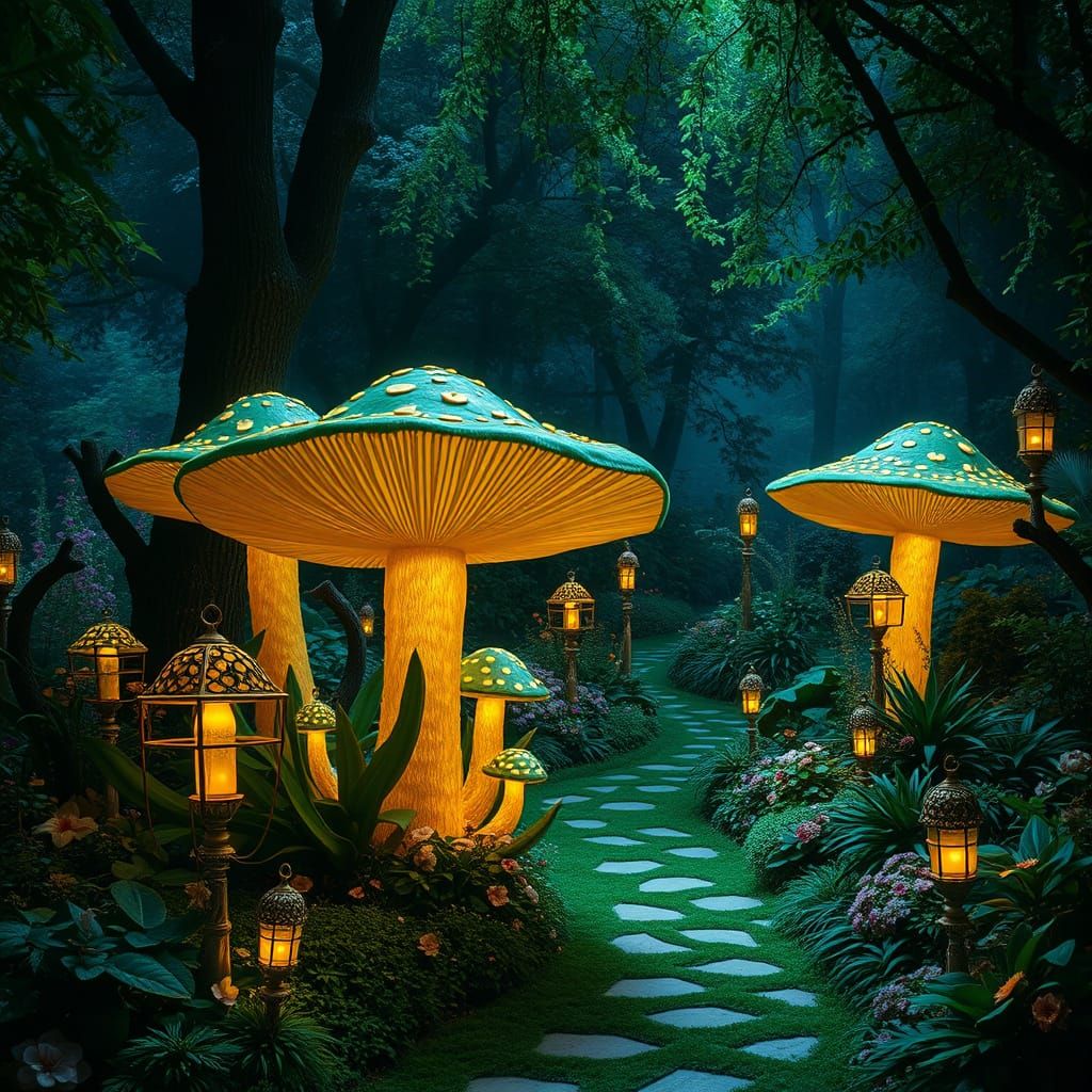 Enchanted Emerald Garden Scene in the Night