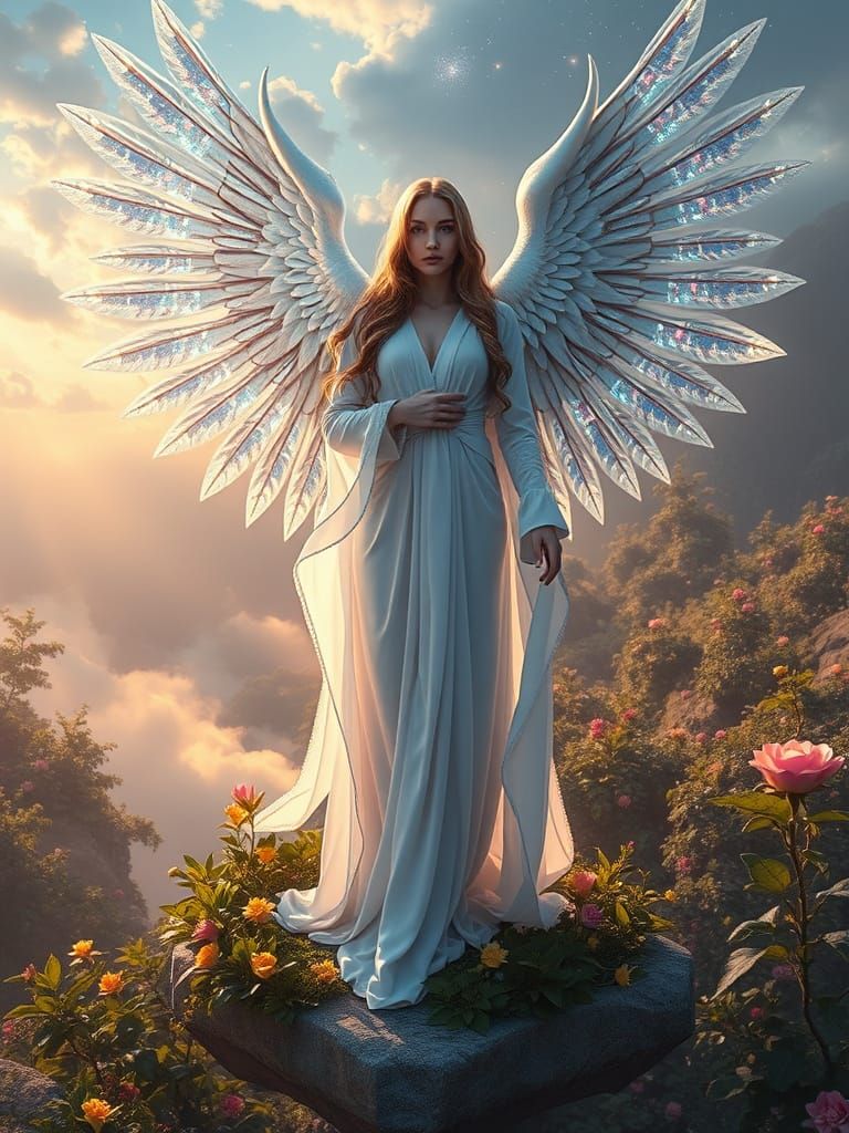 Celestial Seraphim with Mirrored Wings and Floral Reflection...