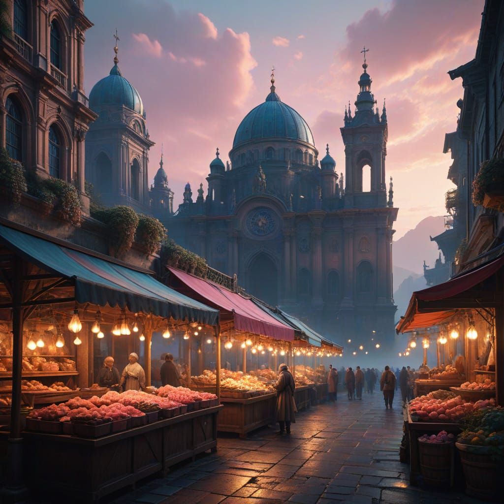 Dazzling Market Scene in Soft Dawn Light with Pastelcore Whi...