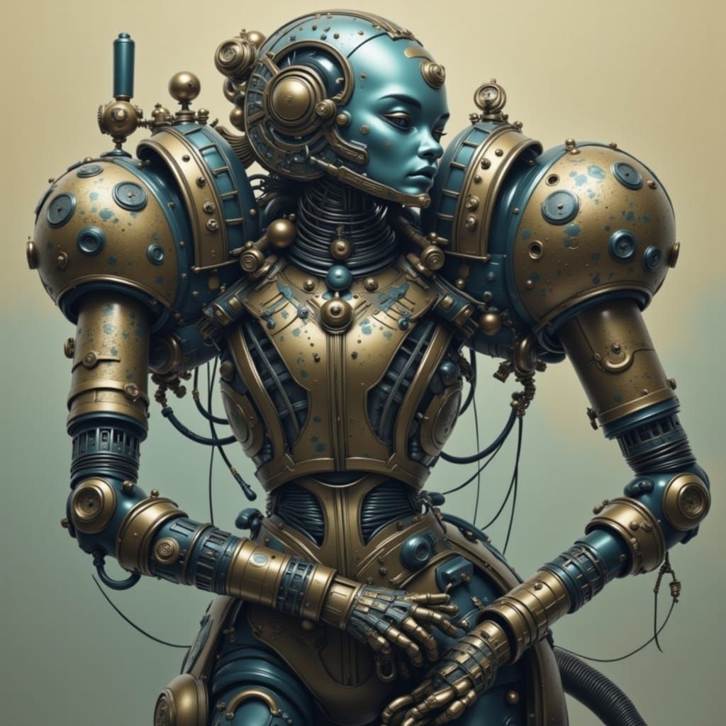 Cyborg Goddess in Gigeresque Brass and Bronze Armor