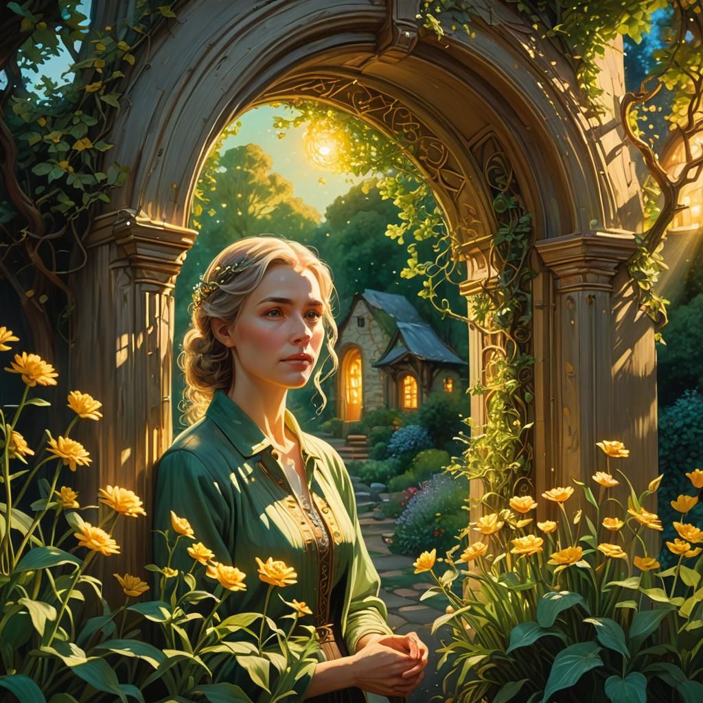 Woman Gazing Through Portal: Ethereal Oil Painting