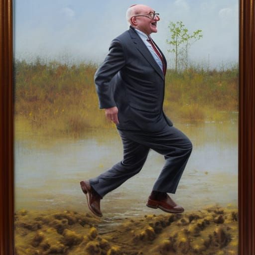 Cheerful Elderly Man Hopping Through Mud, Oil Painting