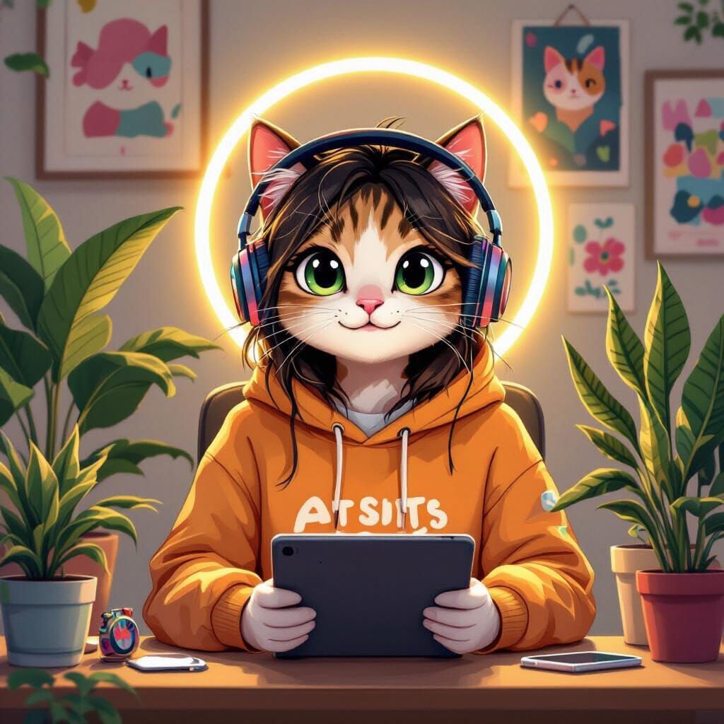 Gen Z Cat Vlogger Recording Video in Fantasy Art Style