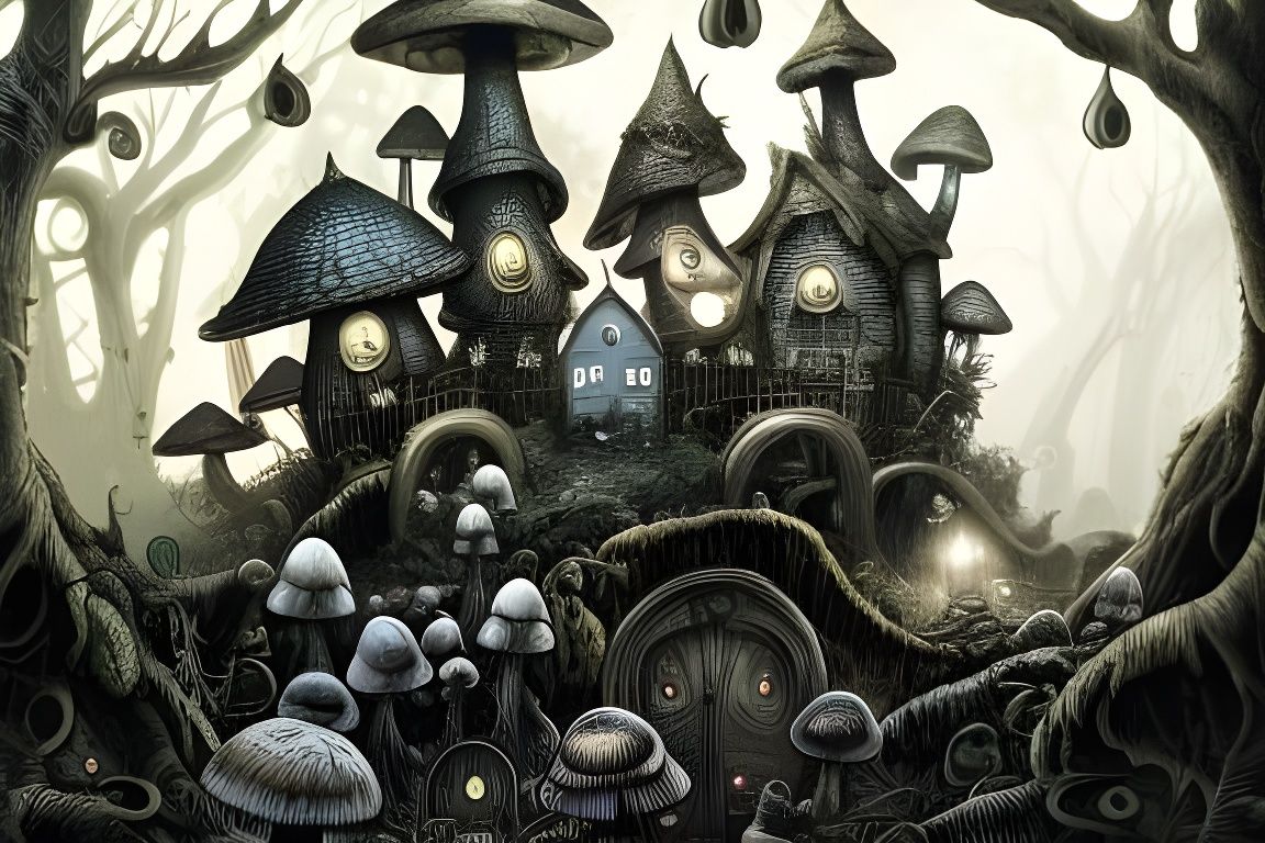 Mushroom Village - Ink Drawing