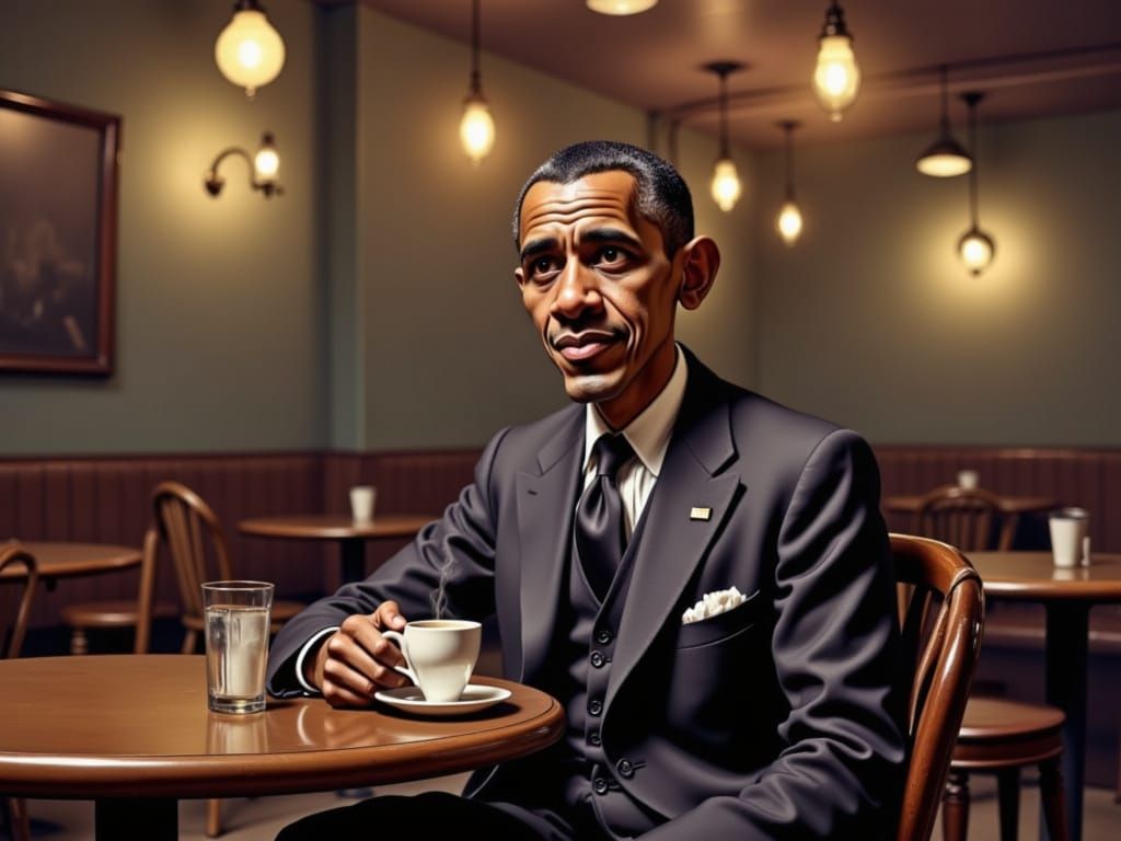 Obama Enjoys Coffee in Dimly Lit Cafe