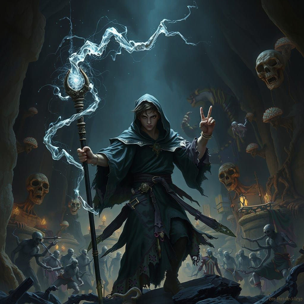 Necromancer Battles Undead Revenants in Dark Cavern