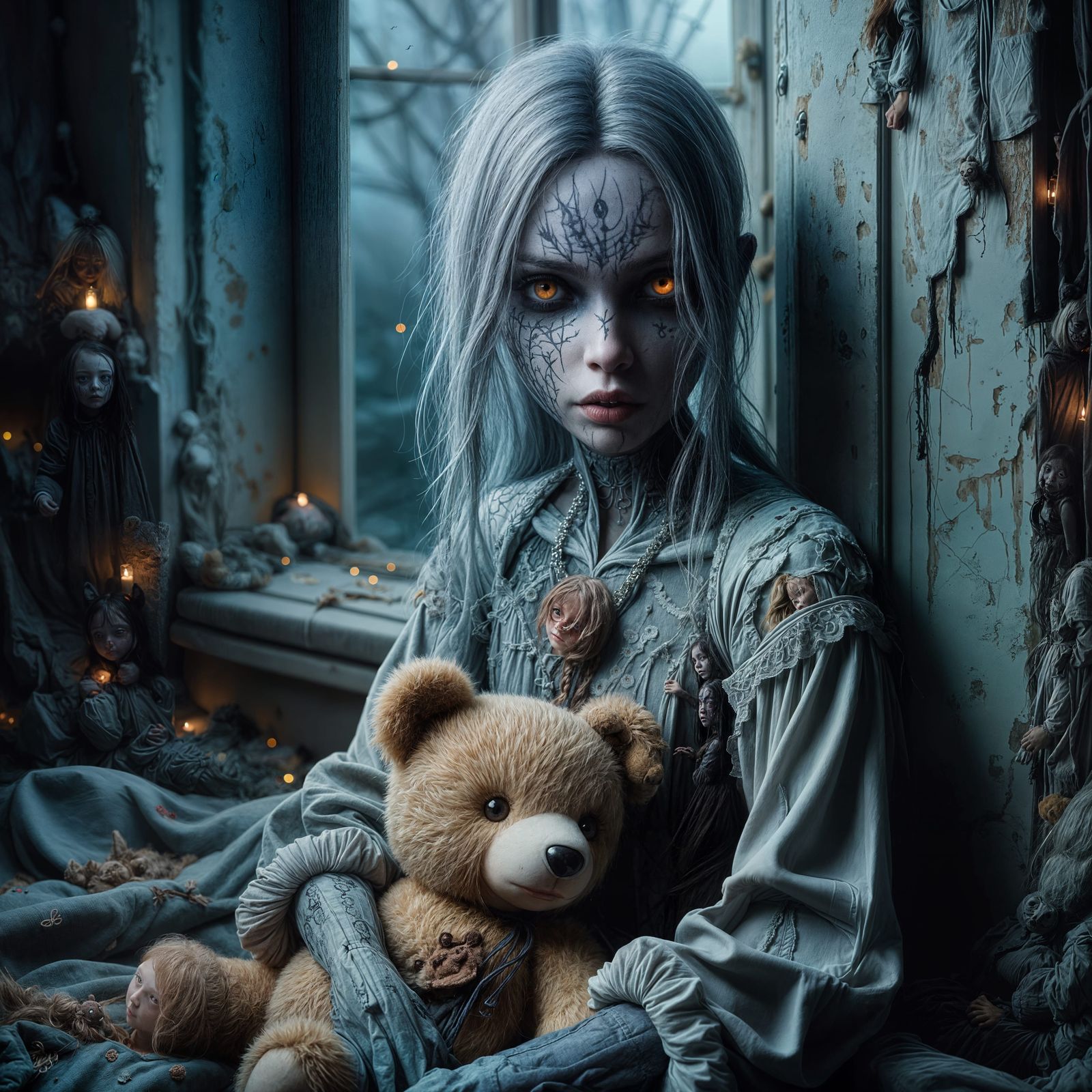 Whimsical Macabre Girl in Tattered Sunday Dress Dragging Ted...