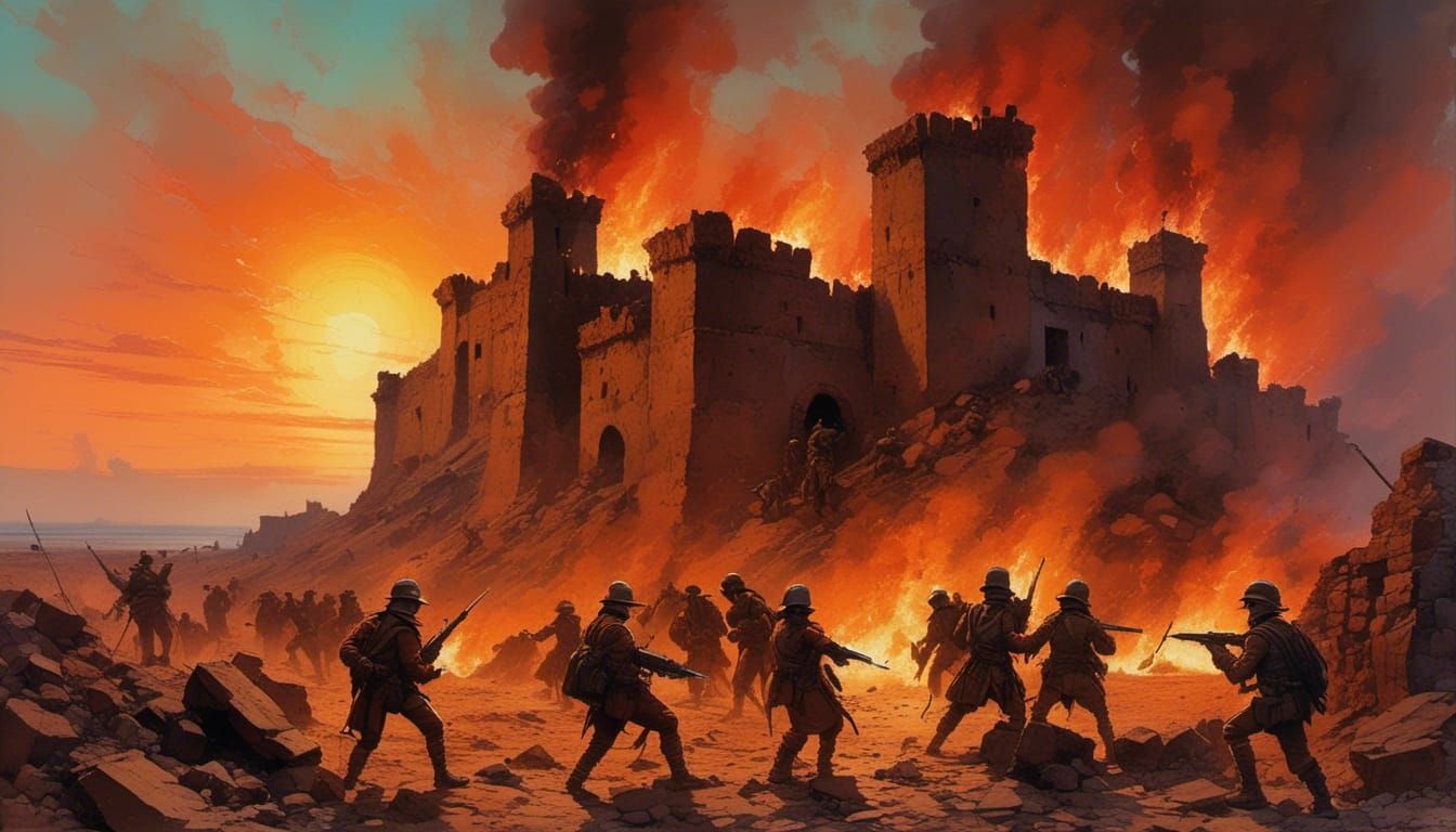 North African Fort Siege: Orientalist Oil Painting