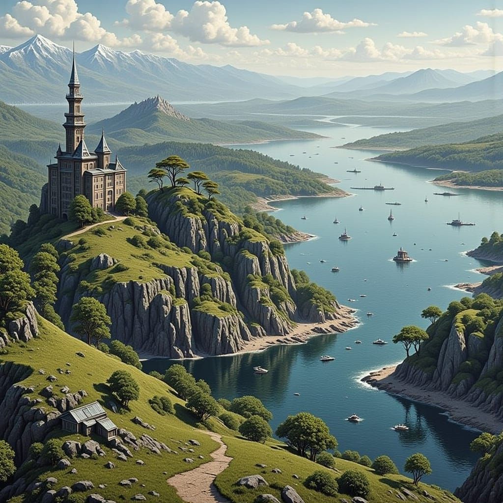 Sci-Fi Landscape of Merc Lake and Mercbank Island