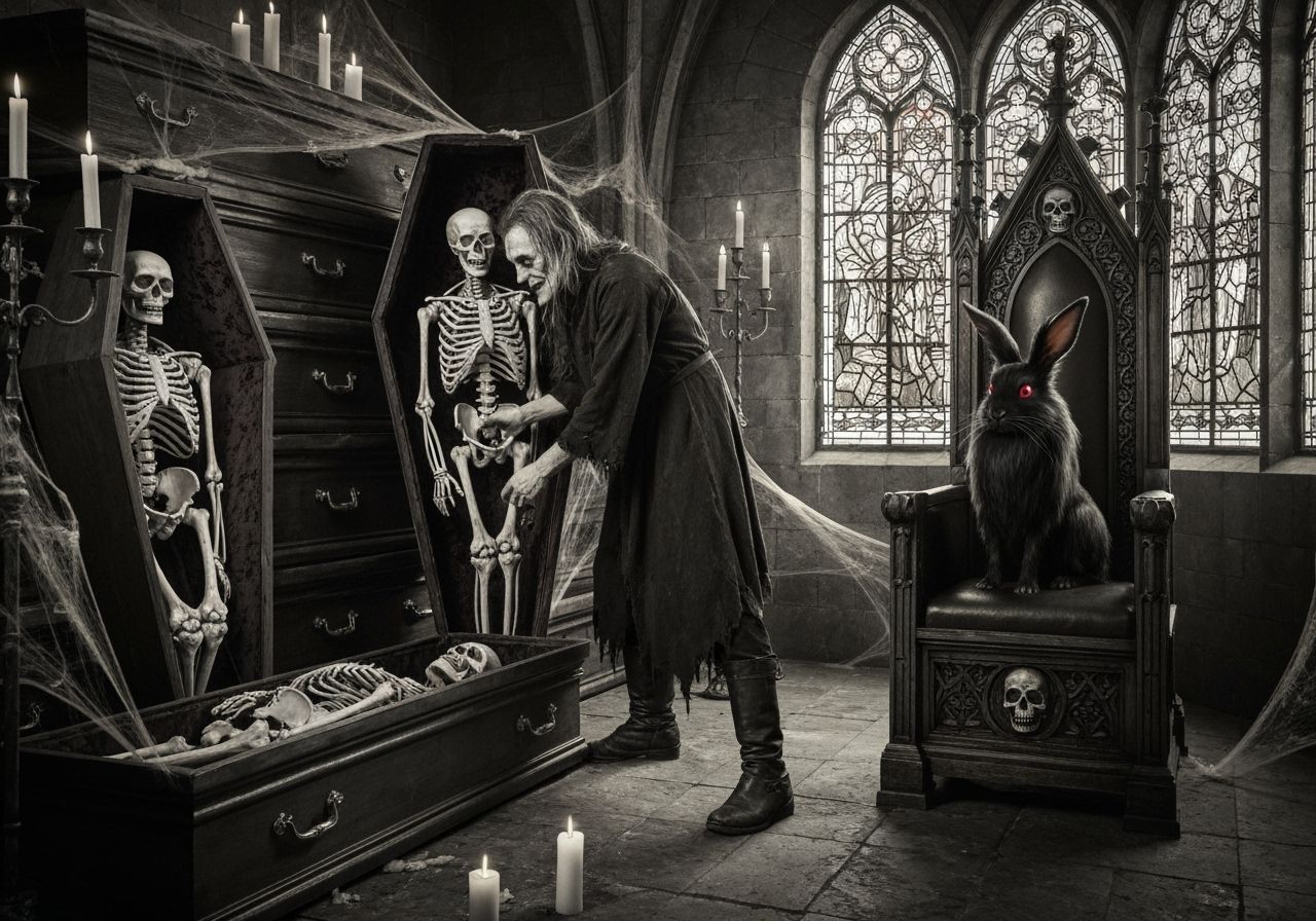 Gothic Caretaker Arranges Skeletons in Crypt