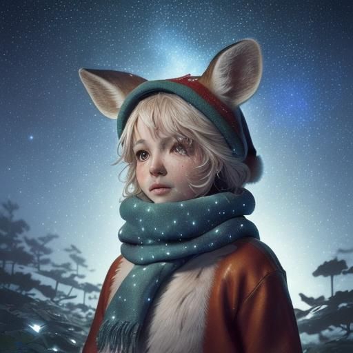 An adorable and cute BAMBI wearing a Santa hat and scarf in the bioluminescent constellation starry sky garden, soft lig...