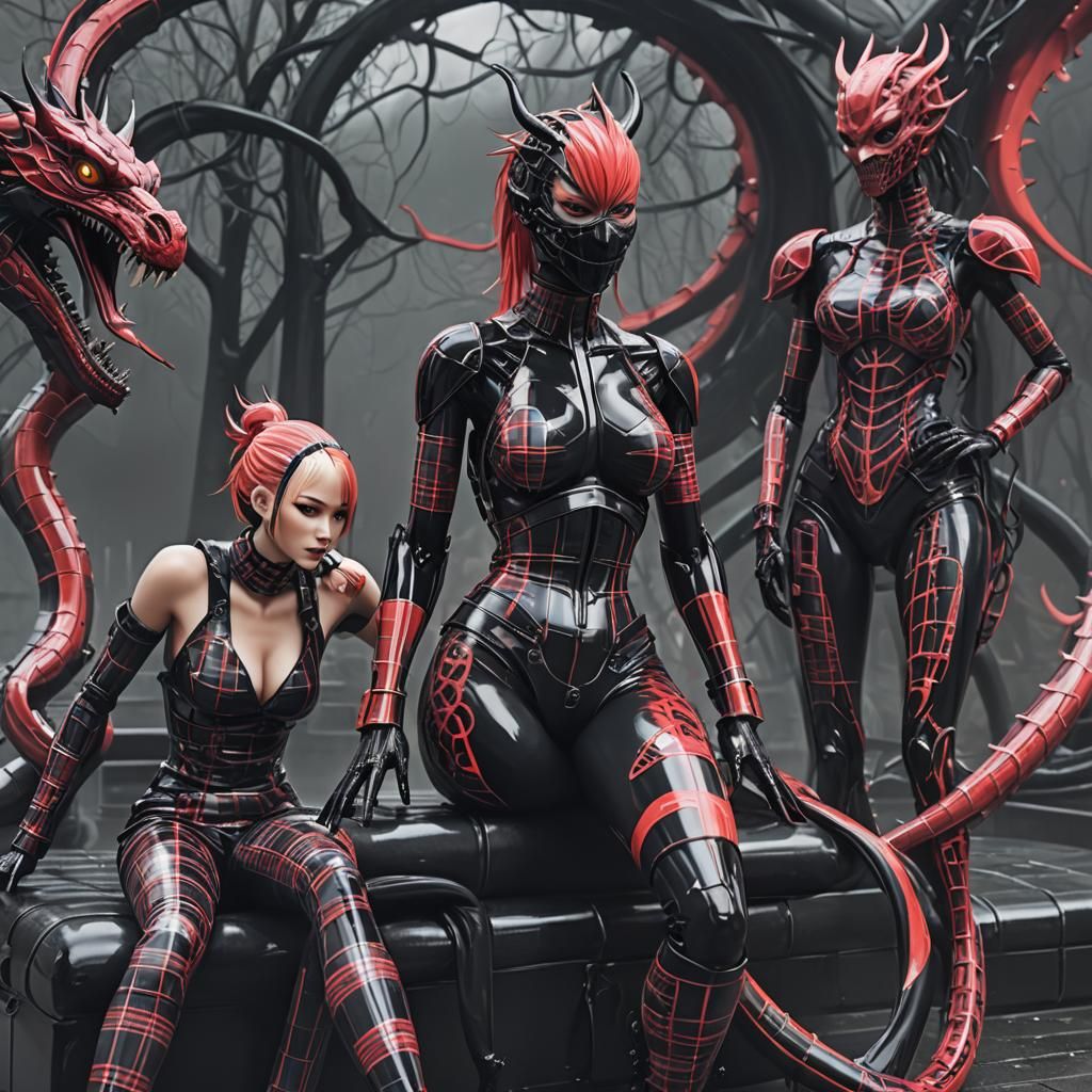 Smilepunk, fullbody rubberdoll-like ichigo Hollow with barcode patterns on the rubber skin, wearing plaid tartan clothin...