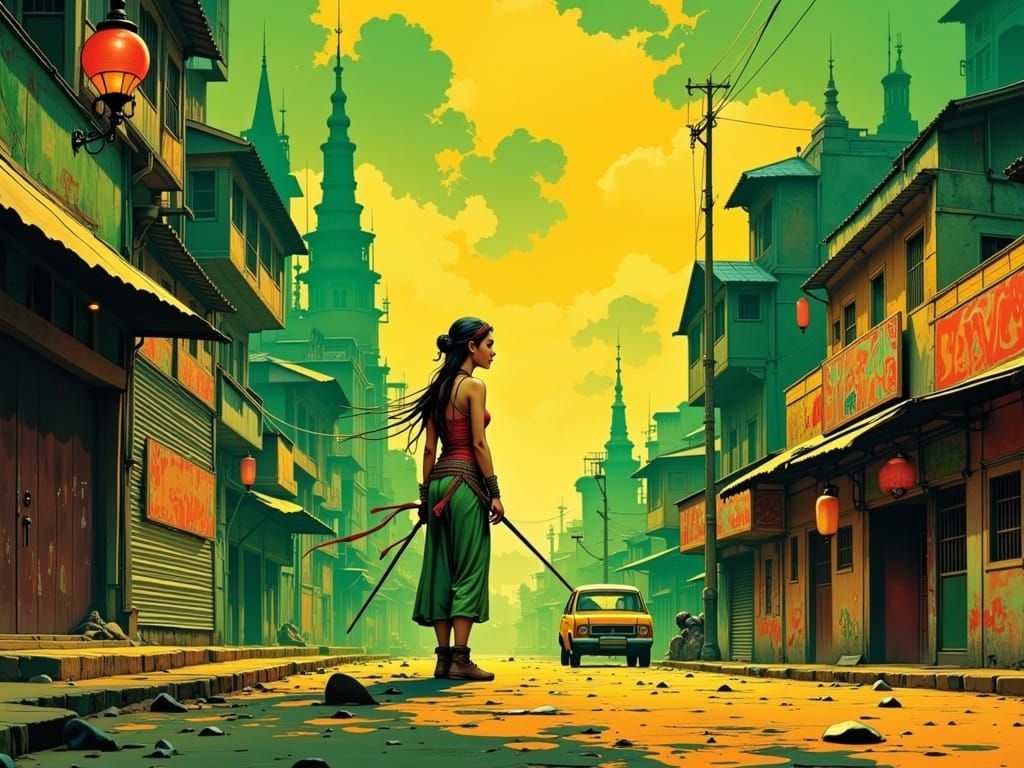 Viking Gipsy Streetfighter Girl in Neon Indian Cityscape