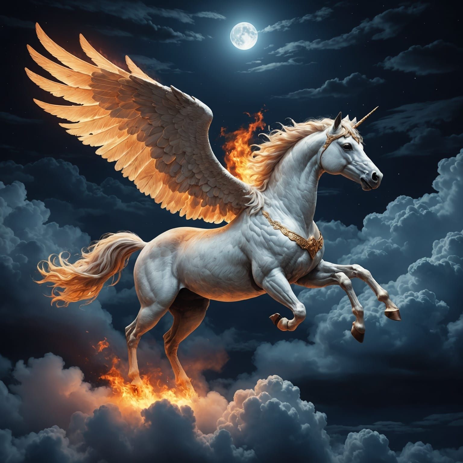 Burning Pegasus Soaring Through Night Clouds