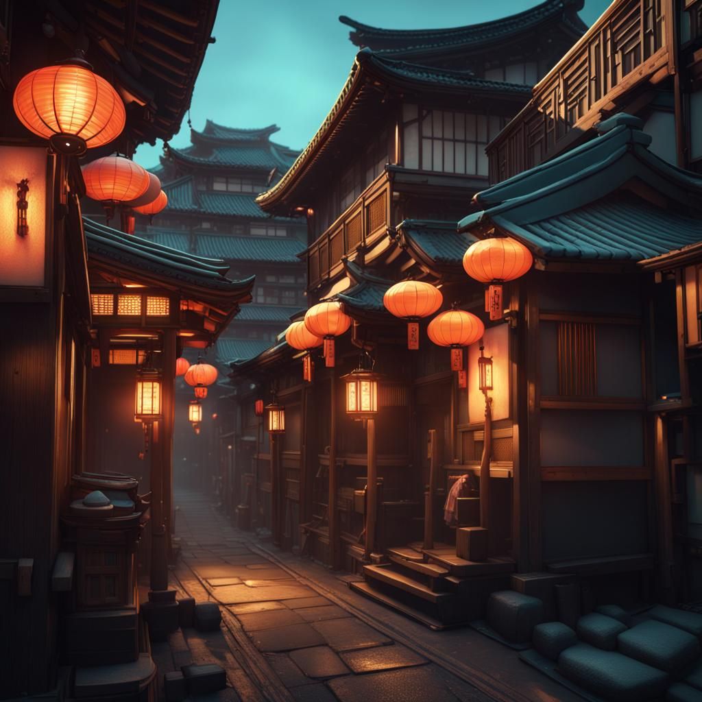 Retro Geisha District with Lanterns in Art Nouveau Style