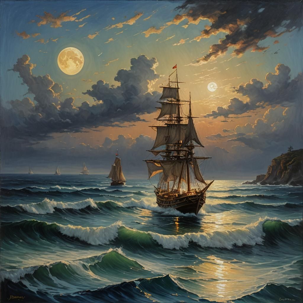 Moonlit Ship on Endless Sea: Oil Painting