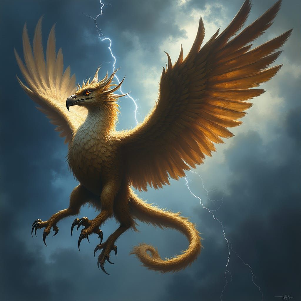 Golden Gryphon Rides Stormy Skies in Dramatic Fantasy Art