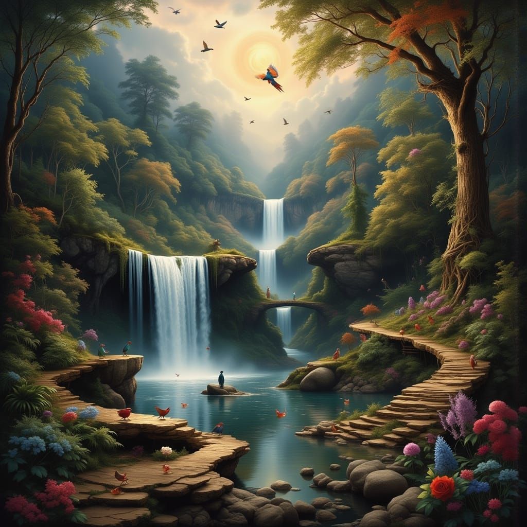 Surreal Jungle Waterfalls with Birds in Hyperrealistic Art