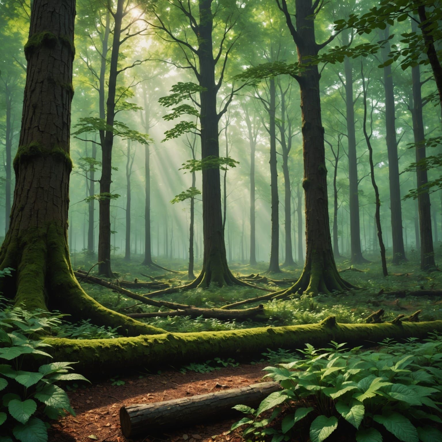 A serene forest scene with deep green leaves and rich brown tree trunks.
