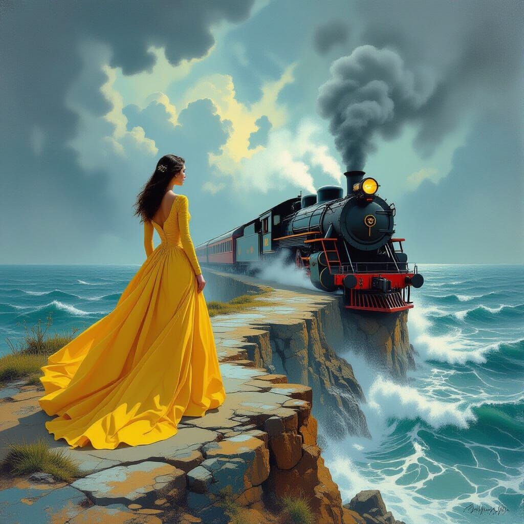 Surreal Seascape with Woman and Locomotive