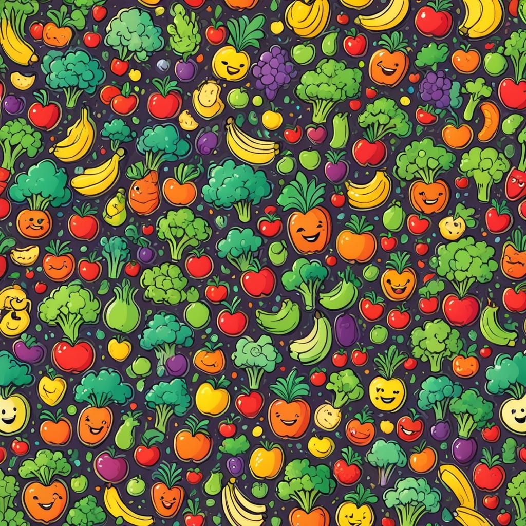 Chibi  fruits and vegetables, apples, bananas, carrots, broc...