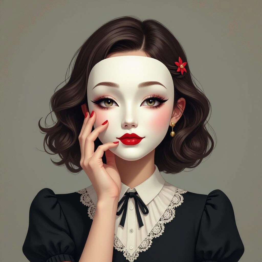 Melancholy Woman Behind Masks of Smiles