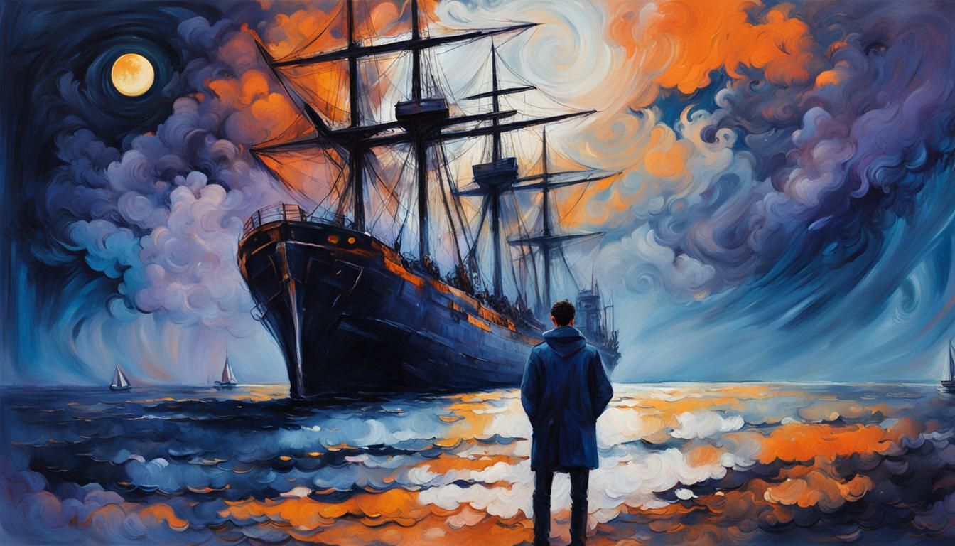 Young Man Under Moon in Abstract Expressionism Style