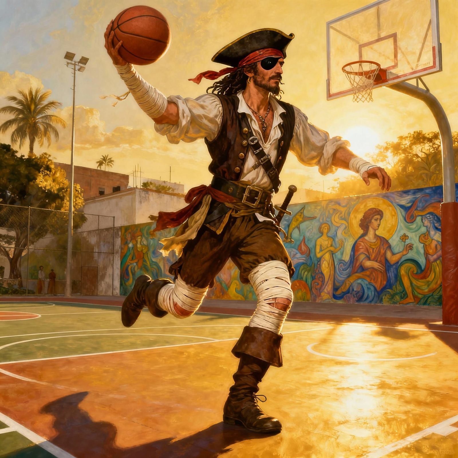 Pirate Playing Basketball Under Golden Light