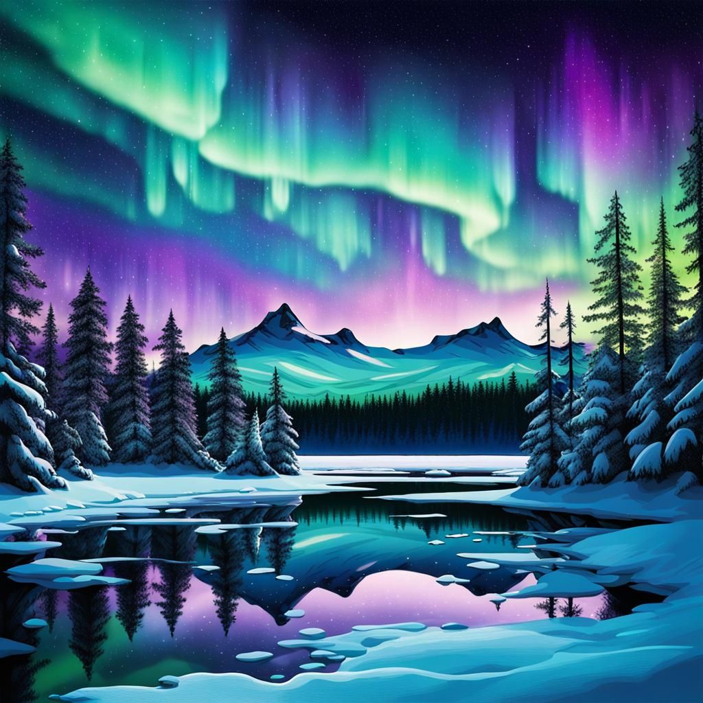 Aurora Borealis Over Frozen Winter Lake