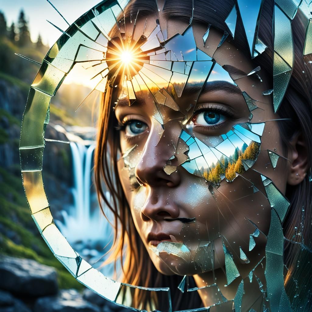Surreal Double Exposure Portrait with Shattered Mirror
