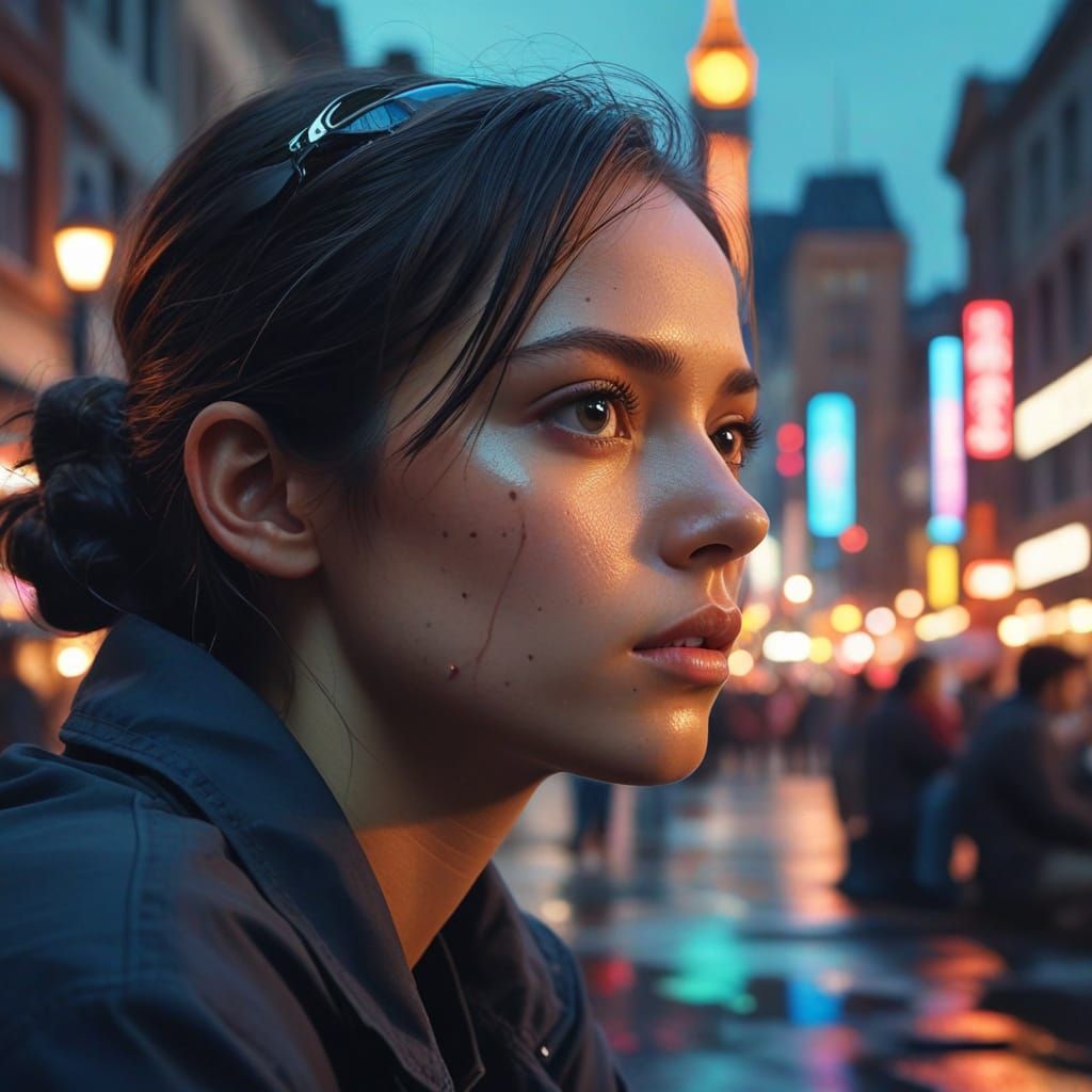 Surreal Portrait in Crowded City: Dreamlike Digital Painting