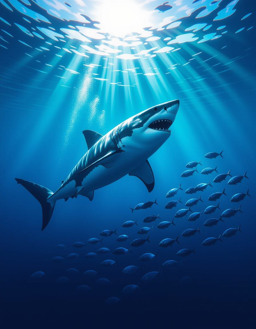 Great White Shark Hunts Fish in Deep Ocean, Cinematic Underw...