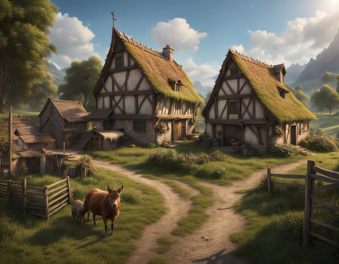 Medieval Farm and Village in Epic Matte Painting