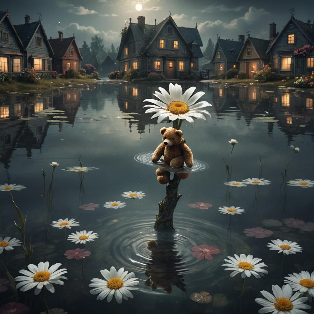 Sad Teddy Bear in Floral Fantasy World