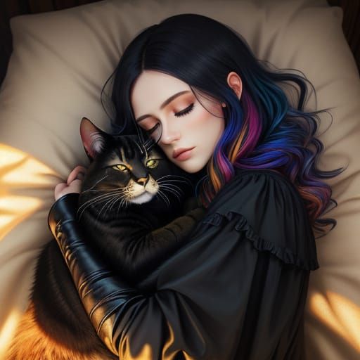Girl Sleeping with Multicoloured Cat in Gothic Realism