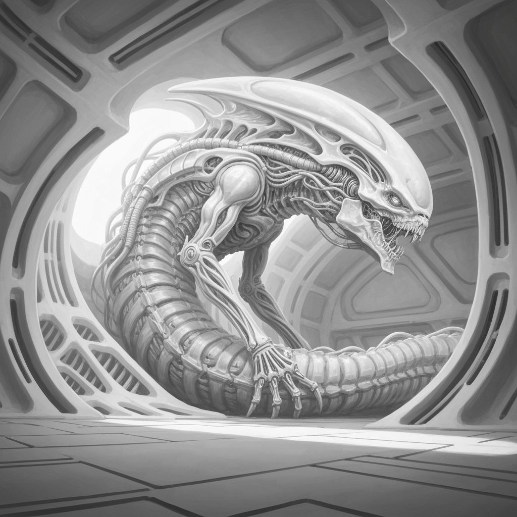Monochromatic Biomechanical Art of Alien Creature in White S...