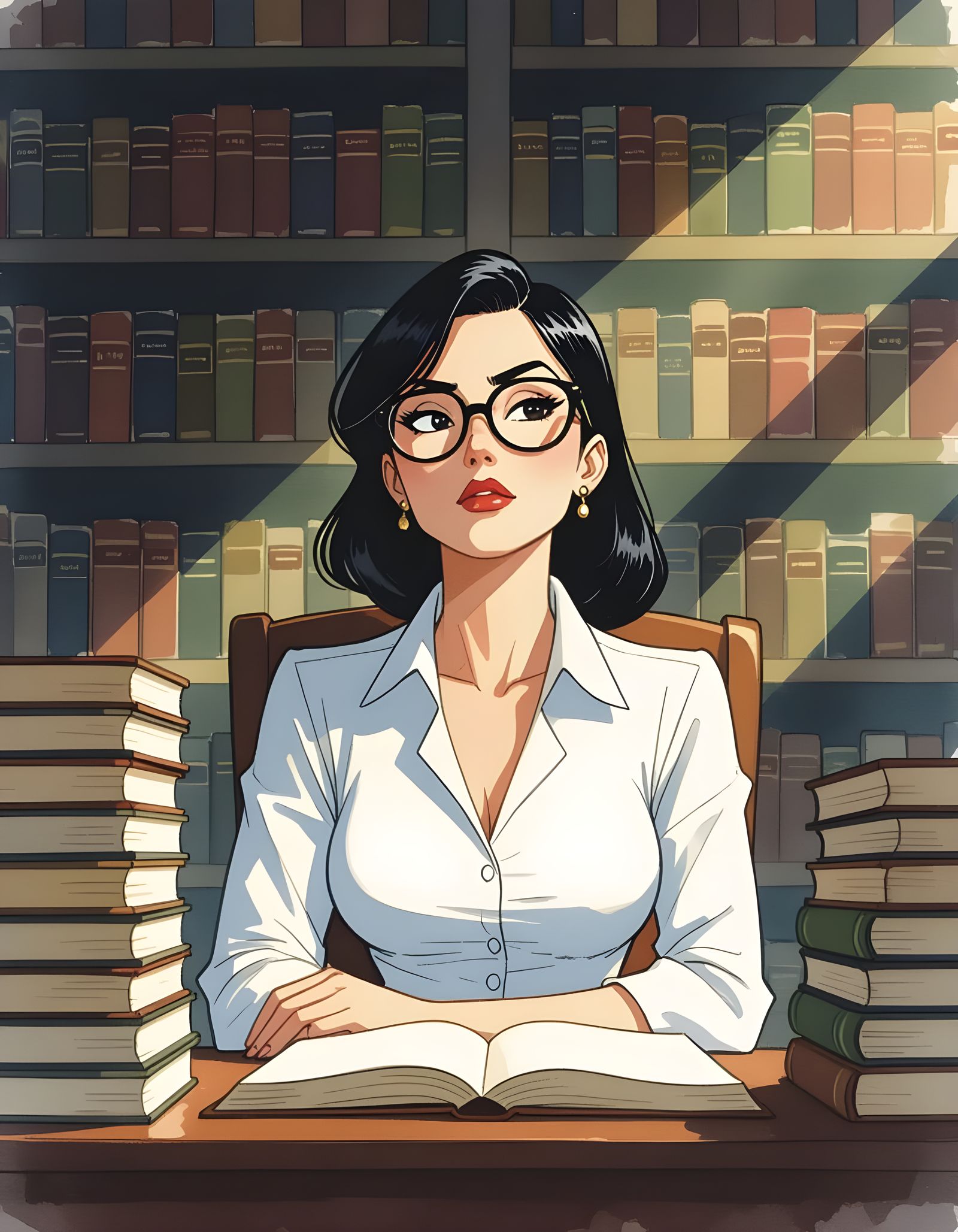 Cinematic Librarian in Watercolor Comic Style