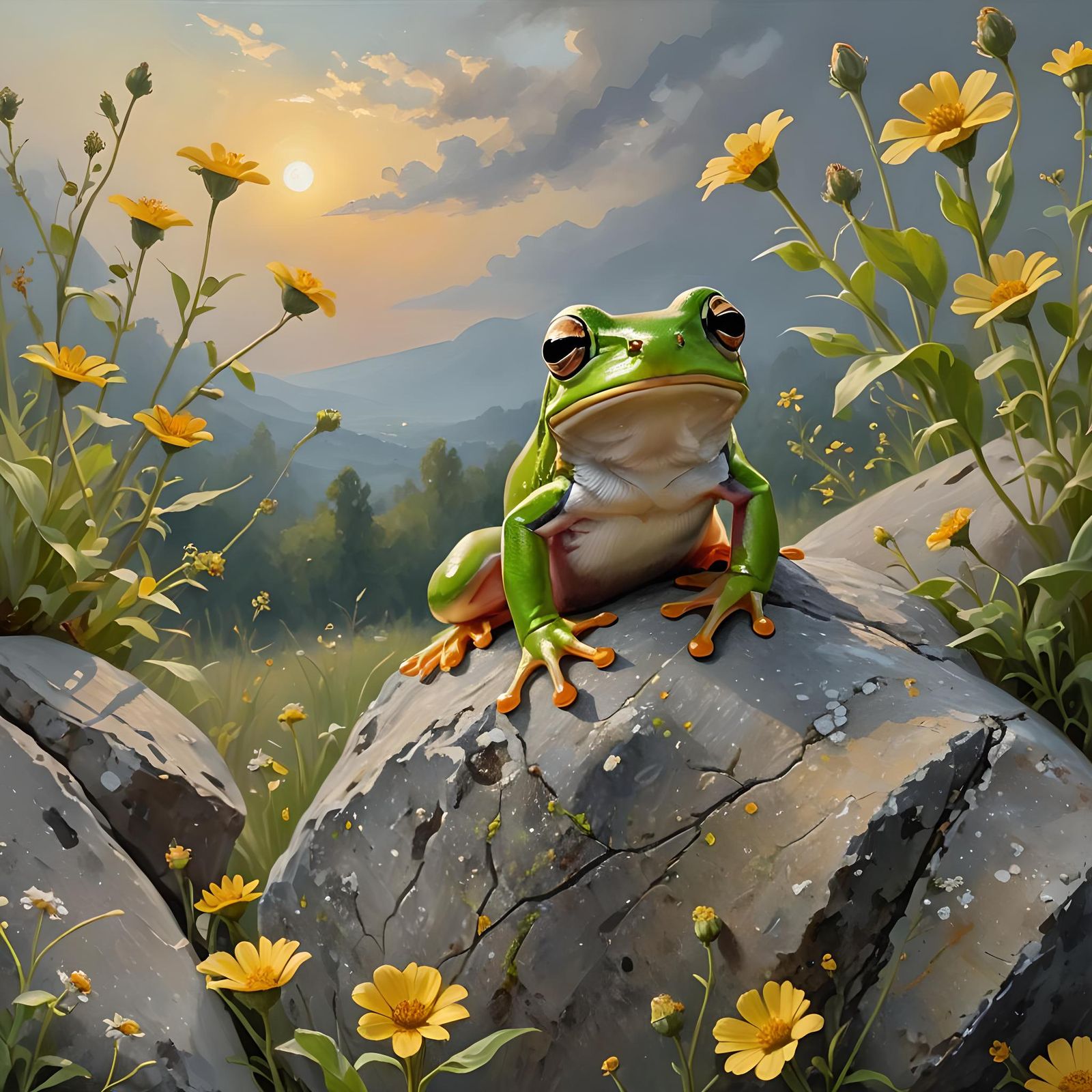 Cute Artist's Oil Painting of Green Tree Frog in Summer Even...