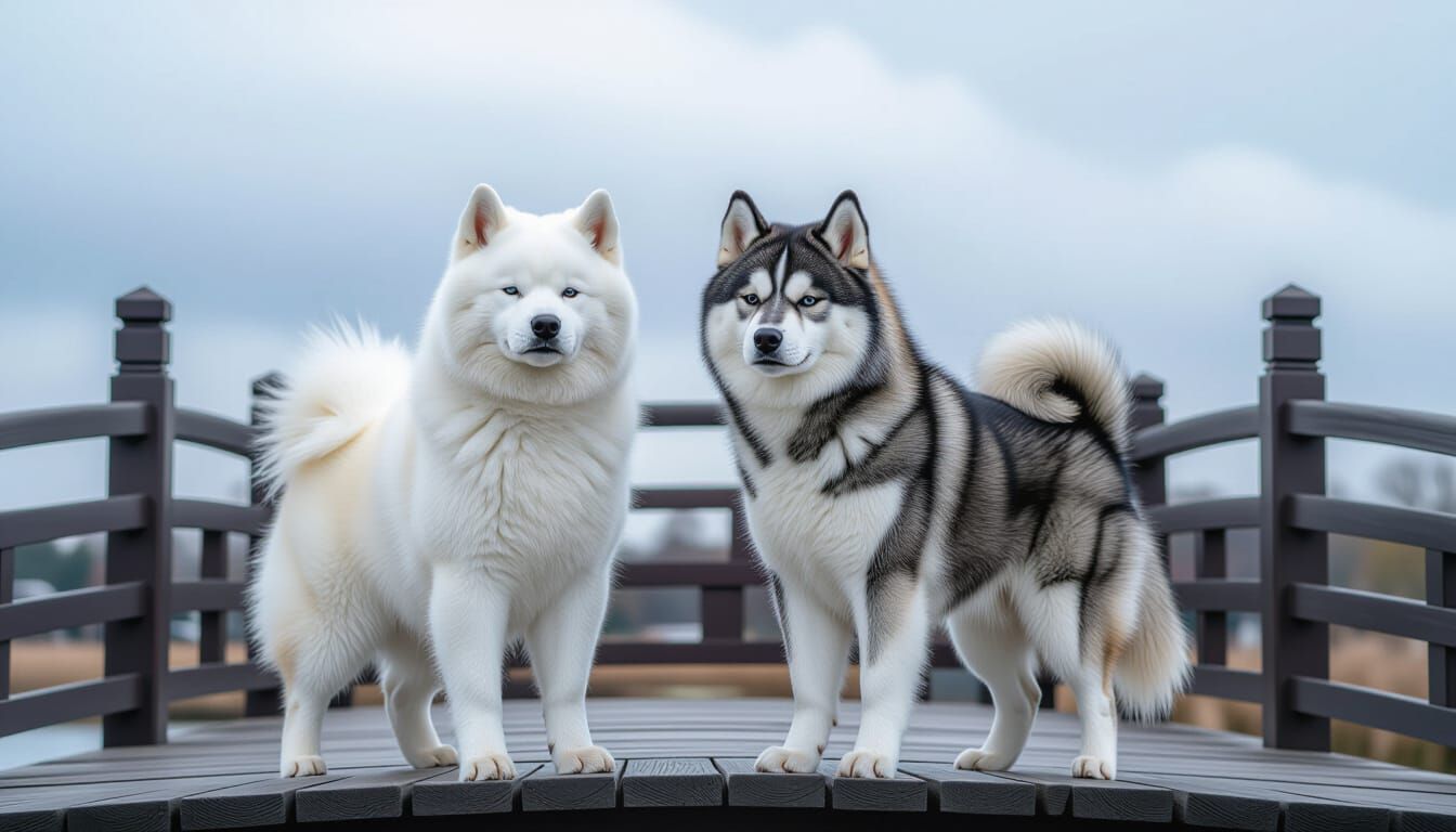 Akita Dogs on Bridge Amidst Clouds
